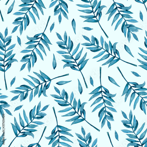 Seamless pattern with spring willow twigs. Hand drawn watercolor illustration on a blue background. Design Easter products, wallpapers, covers, packaging, wrappers, fabrics, prints.