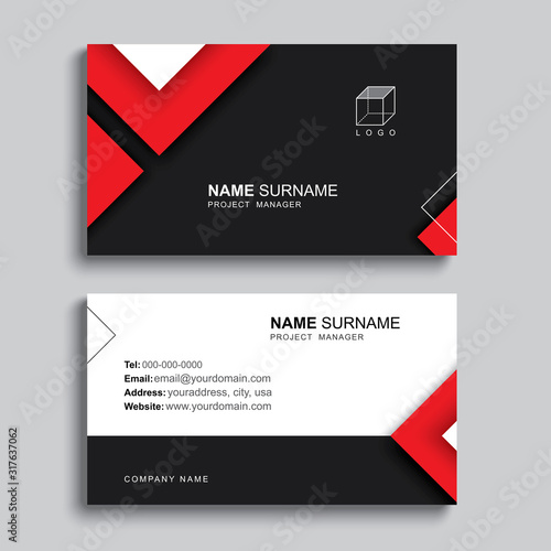 Minimal business card print template design. Black and red color simple clean layout.