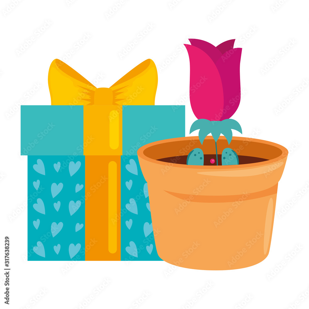gift box with rose flower in pot plant isolated icon gift box with rose flower in pot plant isolated icon