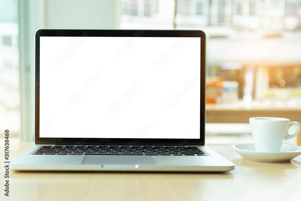 mockup image blank screen computer with white background for advertising text,hand man using laptop contact business search information on desk at coffee shop.marketing and creative design mockup image blank screen computer with white background for advertising text,hand man using laptop contact business search information on desk at coffee shop.marketing and creative design