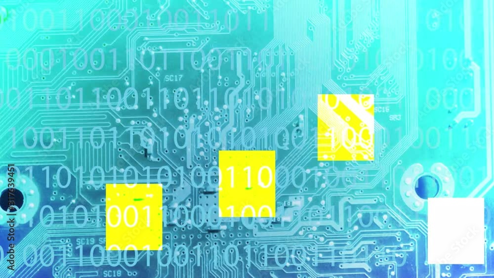 4k Flashing a small yellow square on a blue electronic diagram with code for a technology background 4k Flashing a small yellow square on a blue electronic diagram with code for a technology background