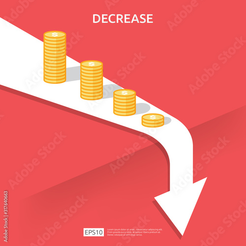business finance crisis concept. money fall down symbol. arrow decrease economy stretching rising drop. lost crisis bankrupt declining. cost reduction. loss of income. vector illustration.