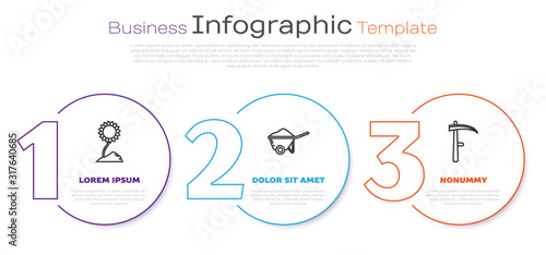 Set line Sunflower, Wheelbarrow with dirt and Scythe. Business infographic template. Vector