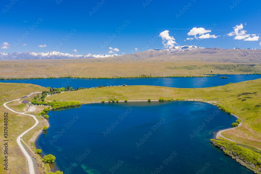 View of Lakes Alexandrina and Mcgregor from Mt John Observation point, Tekapo area, NZ