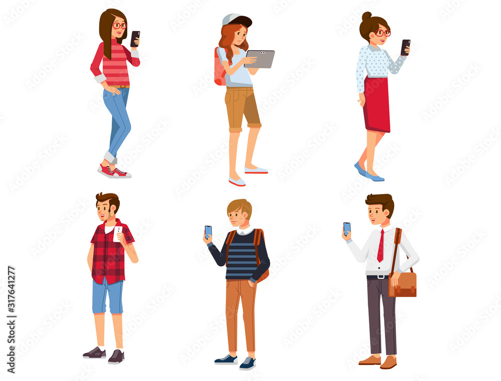 set of young people using gadget. Young man and women using smartphone and tablet - vector