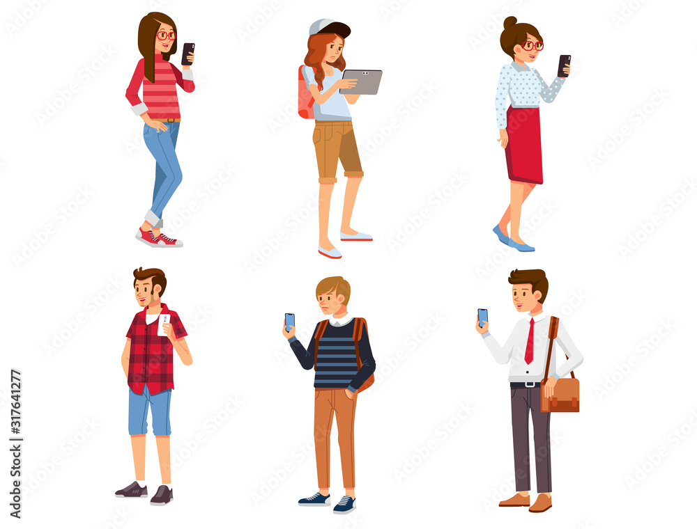 Fototapeta premium set of young people using gadget. Young man and women using smartphone and tablet - vector