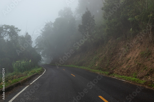 foggy rural asphalt highway perspective with white line  misty road  Road with traffic and heavy fog  bad weather driving.