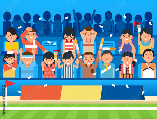 supporter cheering from stadium seat beside football field, happy and sad supporter vector illustration