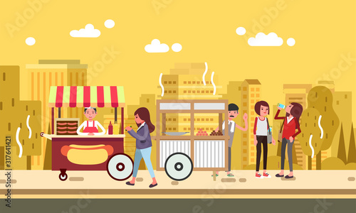 women walking in center of street food in summer vector illustration