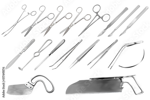 A set of surgical instruments. Tweezers, scalpels, Liston s amputation knife, clamp, scissors, Folkman hook, Meyer forceps, needle, Langenbek saw, Satterlee Bone Saw, Plaster saw Bergman. Vector