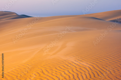 A big bright orange sand dune on the background of bright blue sky. Something like a hieroglyph on the surface. Stockton Sand Dunes near the coast  Worimi Regional Park  Anna Bay  Australia