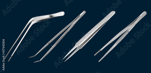 Set of tweezers. Long serrated angled tweezers, anatomical forceps, dental straight surgical pincers, curved tweezers. Manual surgical instrument. Isolated object on a white background. Vector