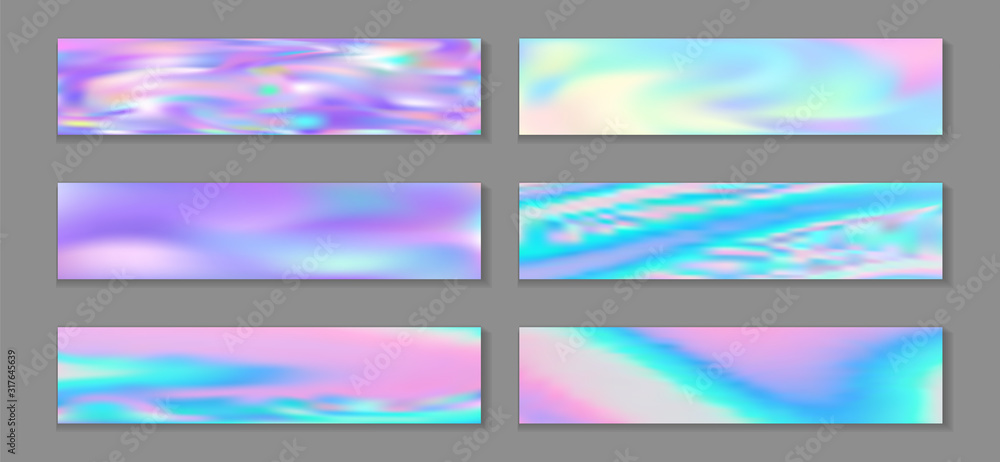 Holography bright banner horizontal fluid gradient princess backgrounds vector set. Opalescence 