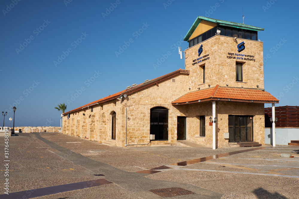The building of Cyprus port authority and En Plo gallery in the harbour of Paphos. Cyprus