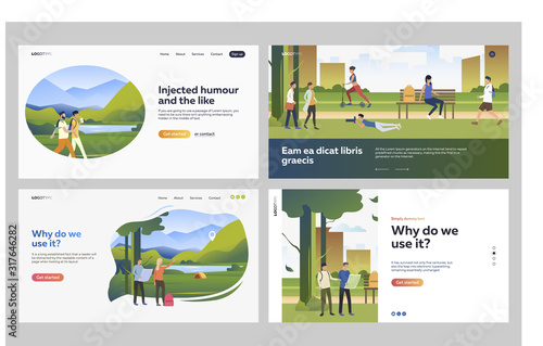 Set of people walking in parks and hiking. Flat vector illustrations of friends searching place on map. Outdoor summer activity, natural setting concept for banner, website design or landing web page