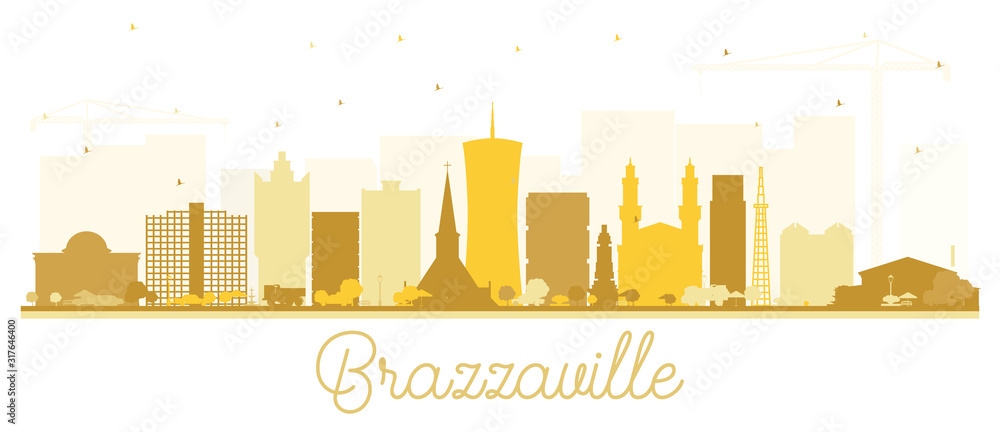 Brazzaville Republic of Congo City Skyline Silhouette with Golden Buildings Isolated on White.