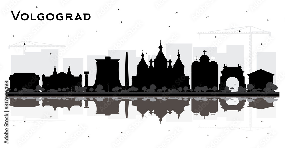 Volgograd Russia City Skyline Silhouette with Black Buildings and Reflections Isolated on White.