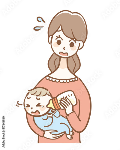 Illustration of a baby hating milk in a baby bottle