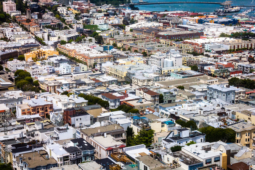 Aerial view of city of San Francisco downtown near Golden Gate Bridge