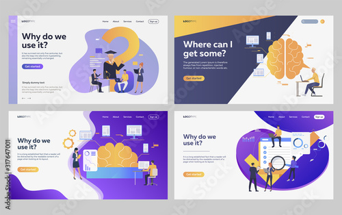 Set of students making research for thesis. Flat vector illustrations of business people planning project. Education, brainstorming, research concept for banner, website design or landing web page