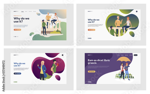Online and offline communication set. People meeting outside, talking, using gadgets. Flat vector illustrations. Friendship, leisure concept for banner, website design or landing web page