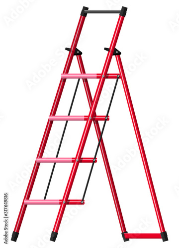 Red aluminum step folding ladder. Hand bar and standing platform stool. Isolated on white background. Stepladder working equipment. Vector illustration in flat style