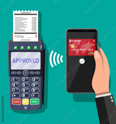 POS terminal and mobile smartphone payment transaction. Wireless, contactless or cashless payments, rfid nfc. Vector illustration in flat style