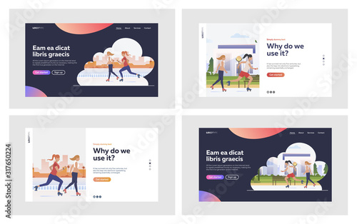 Roller skating set. Two girls skating in city. Flat vector illustrations. Summer activity, friendship, lifestyle concept for banner, website design or landing web page