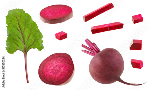 Set of beet slices, whole beetroot and green fresh leaf for design isolated on white background