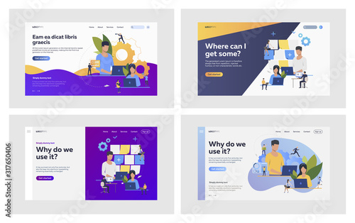 Team collaborating on project set. Professionals using laptop at gears, note board. Flat vector illustrations. Business, management, cooperation concept for banner, website design or landing web page