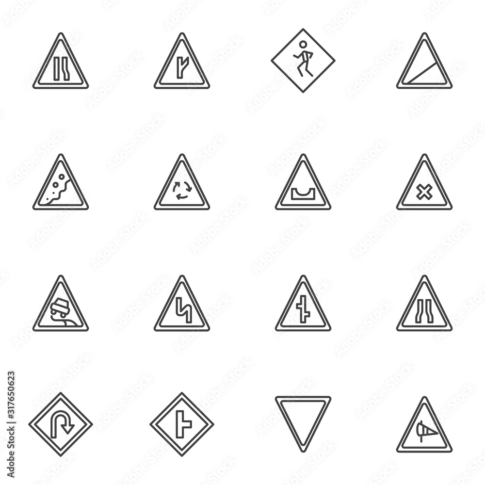 Road traffic signs line icons set. linear style symbols collection, outline signs pack. vector graphics. Set includes icons as crosswalk, pedestrian crossing, slippery road, side wind, road narrows Road traffic signs line icons set. linear style symbols collection, outline signs pack. vector graphics. Set includes icons as crosswalk, pedestrian crossing, slippery road, side wind, road narrows