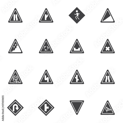 Road traffic signs vector icons set, modern solid symbol collection filled style pictogram pack. Signs logo illustration. Set includes icons as crosswalk, pedestrian crossing, slippery road, side wind