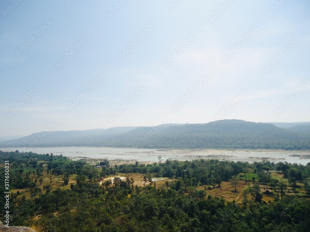 Landscape view point of low mountain, see forest, river and valley