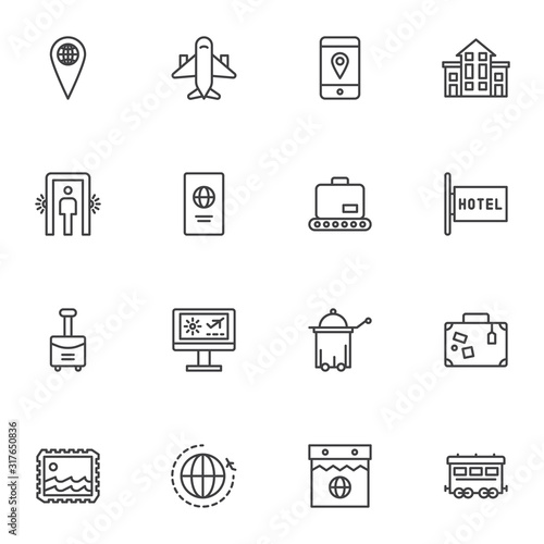 Travel line icons set. linear style symbols collection, outline signs pack. vector graphics. Set includes icons as plane, airport security post, luggage, travel bag, passport document, hotel building