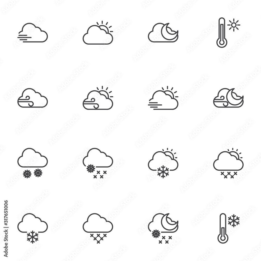 Weather clouds line icons set. linear style symbols collection, Meteorology forecast outline signs pack. vector graphics. Set includes icons as cloudy, partly, sunny, snowy, snowflake, thermometer - obrazy, fototapety, plakaty 