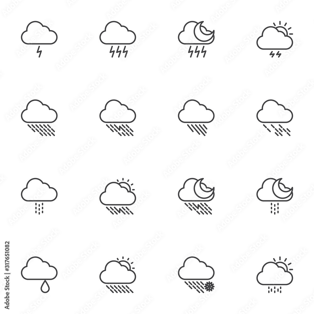 Weather clouds line icons set. Meteorology forecast linear style symbols collection, outline signs pack. vector graphics. Set includes icons as storm, lightning, shower, rain, moon, snow, sunny partly Weather clouds line icons set. Meteorology forecast linear style symbols collection, outline signs pack. vector graphics. Set includes icons as storm, lightning, shower, rain, moon, snow, sunny partly