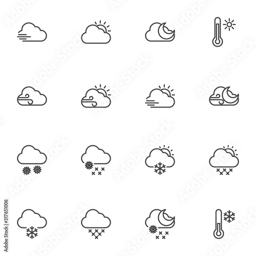 Weather clouds line icons set. linear style symbols collection, Meteorology forecast outline signs pack. vector graphics. Set includes icons as cloudy, partly, sunny, snowy, snowflake, thermometer