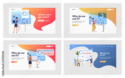 Diagrams presentation set. Manager presenting interactive chart, graph, report. Flat vector illustrations. Business, statistics, analysis concept for banner, website design or landing web page