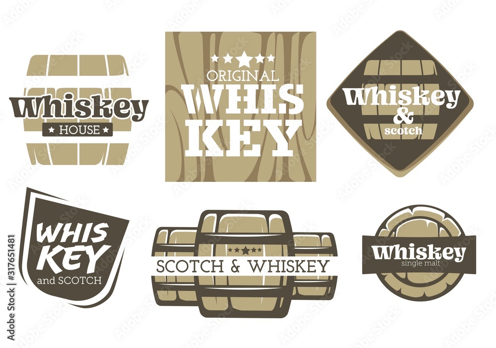 Whiskey drink isolated icons, factory or alcohol drink production