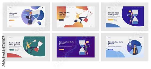 Set of business people running out of time. Flat vector illustrations of men and women with giant hourglass. Business and time management concept for banner, website design or landing web page
