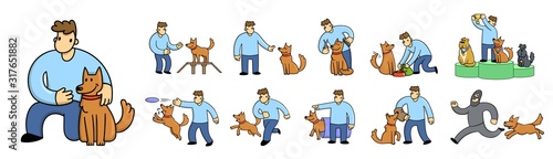 Cartoon man training his funny dog, dog agility exercise. Man and dog playing. Dog chasing a criminal. Set of flat cartoon characters. Colored flat vector illustration. Isolated on white background.