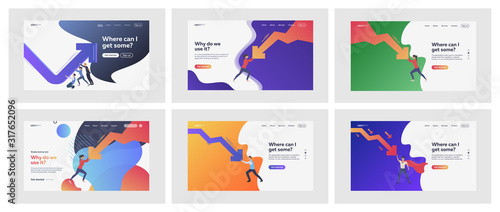 Set of casual people dealing with decreasing trend. Flat vector illustrations of men and women trying overcoming problems. Trends and statistics concept for banner, website design or landing web page