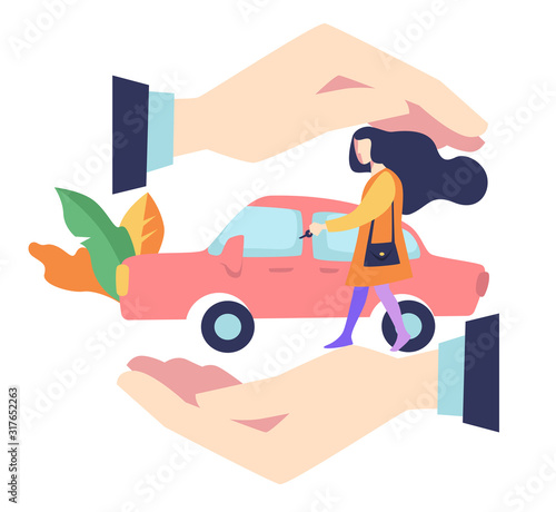 Accident prevention, car insurance concept, woman and vehicle