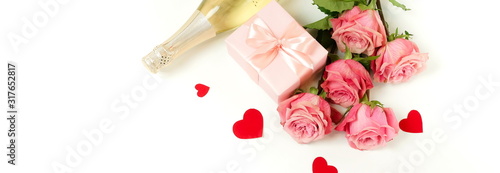 Valentine's day, birthday, romantic  background banner. Bouquet of pink roses...
