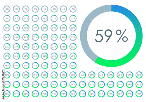 Percentage Pie chart set. From 1 to 100 percent diagram. Circle progress bar for Ui, web and graphic design. Vector illustration.