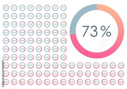 Percentage Pie chart set. From 1 to 100 percent diagram. Circle progress bar for Ui, web and graphic design. Vector illustration.