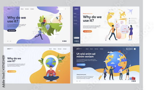 Set of people creating green environment. Flat vector illustrations of people going on business trip. Ecology, international business, travelling concept for banner, website design or landing web page