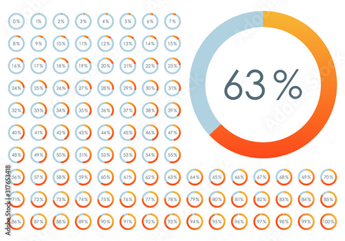 Percentage Pie chart set. From 1 to 100 percent diagram. Circle progress bar for Ui, web and graphic design. Vector illustration.