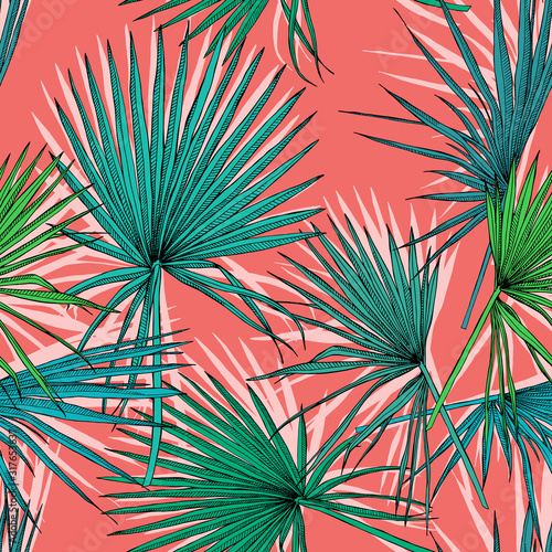 Seamless pattern with image of a green Fan palm leaves on a coral background. Vector illustration.