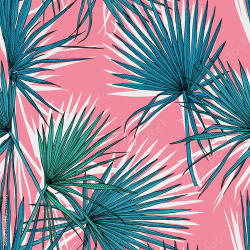 Seamless pattern with image of a green Fan palm leaves on a pink background. Vector illustration.